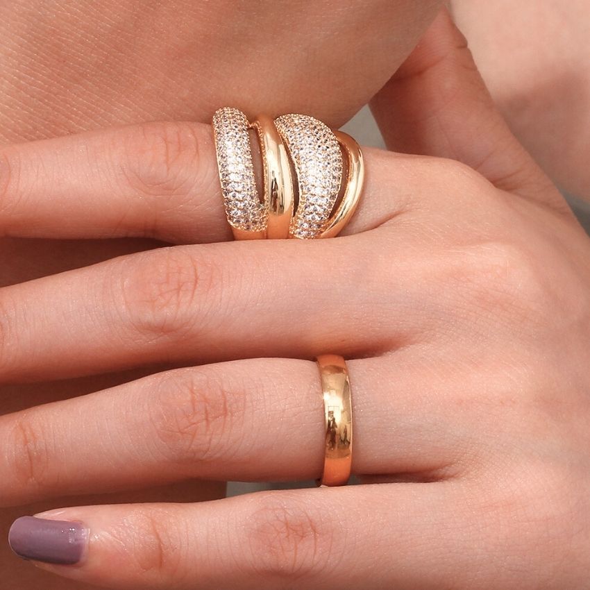 Chunky Gold Plated Brass Ring Wholesale CZ Dome Statement Jewelry